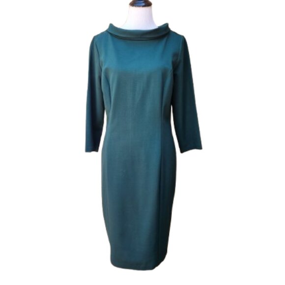 🔴SOLD🔴 Talbots Ponte Knit Green Sheath Dress 3/4 Sleeves Wide High Mockneck - Picture 1 of 12